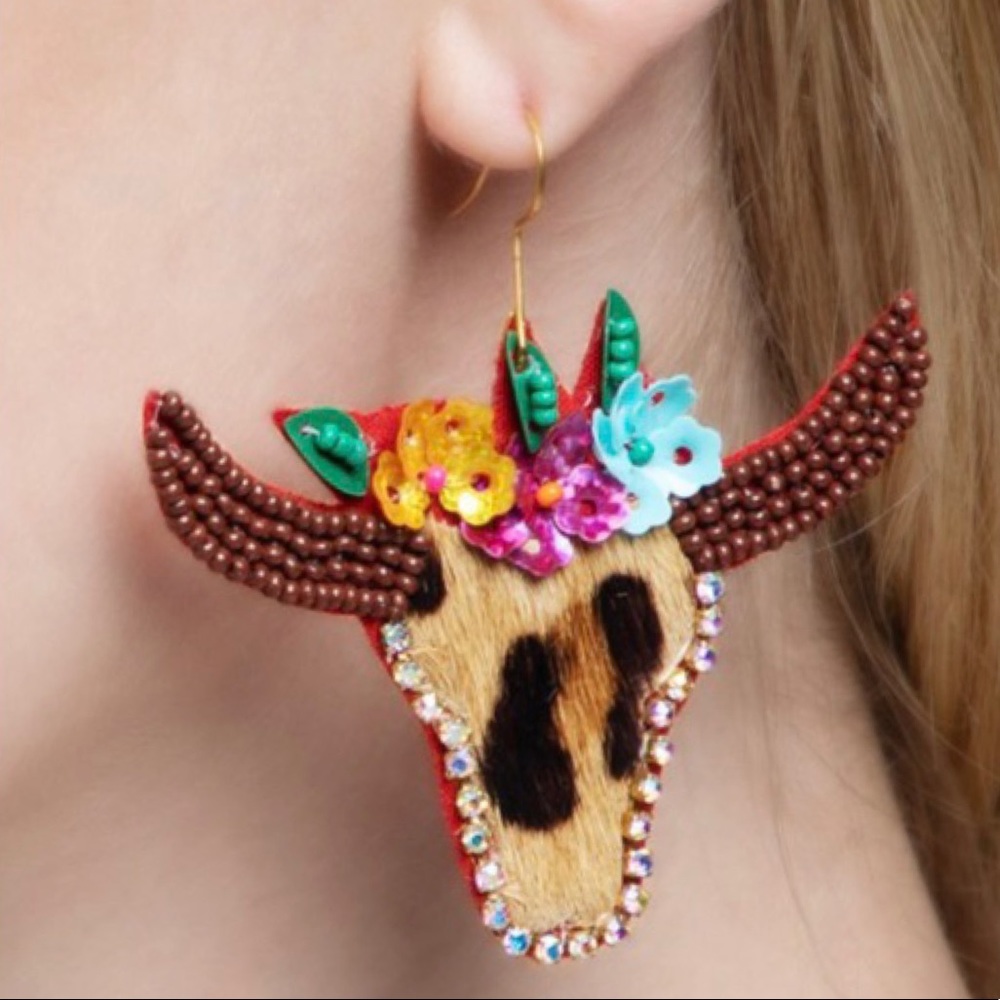 Leopard Print Longhorn Earrings With Seed Bead Floral Detail
